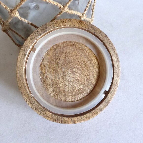 NEW 10.5” NAUTICAL NET ROPE LIDDED GLASS WOOD LIDDED DECORATIVE JAR CONTAINER - Picture 7 of 7